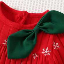 Baby Girl Bow Ribbed Snowflake Print Dress With Socks And Headband Multi-Piece Set Newborn Gift - Red - View 5
