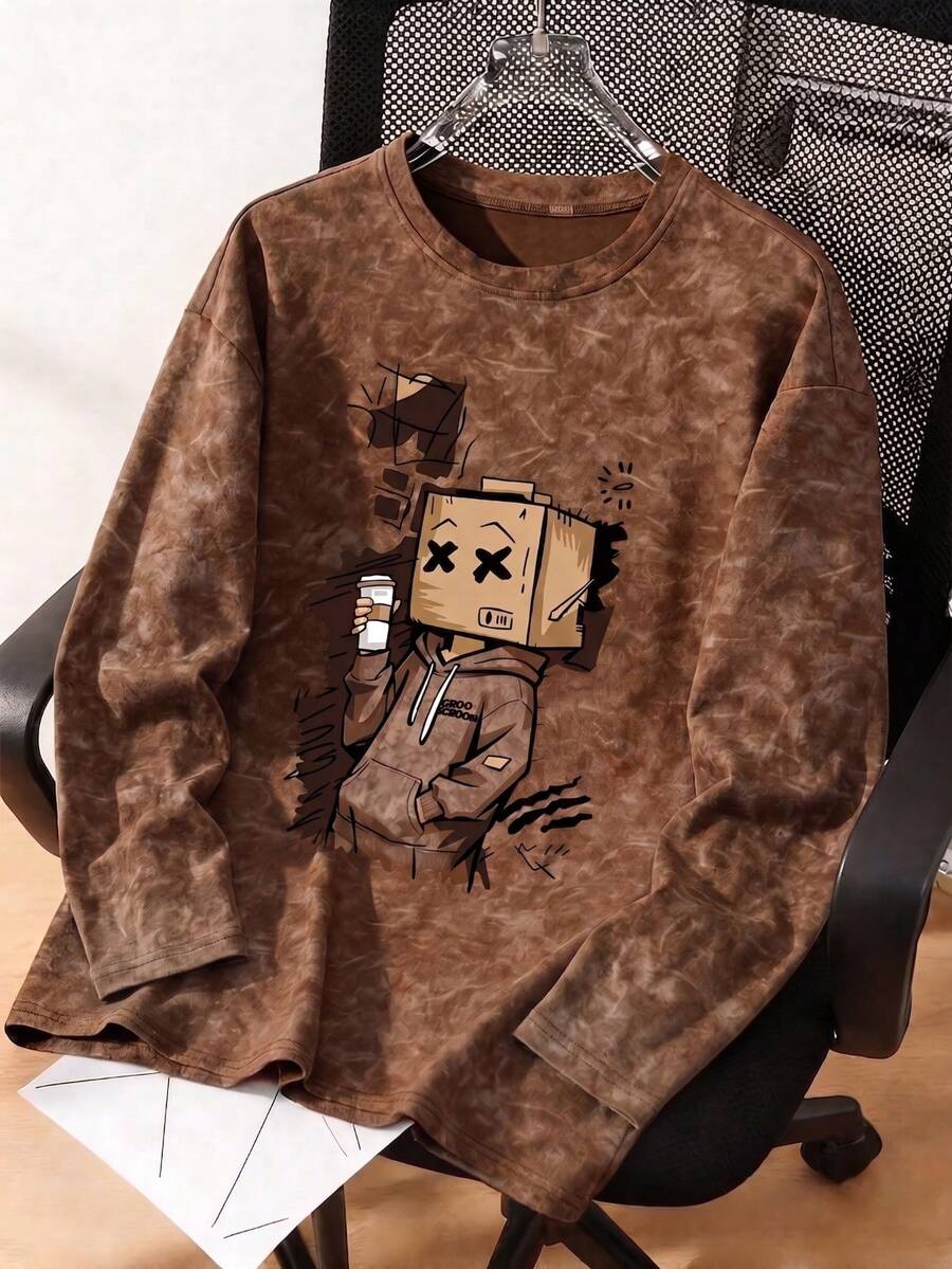 Men's Brown Washed Distressed Cardboard Head Cartoon Graphic Long Sleeve T-Shirt, Regular Crew Neck Fit, Soft Comfortable Fabric, Vintage Street Casual Loose Top - Brown - View 1