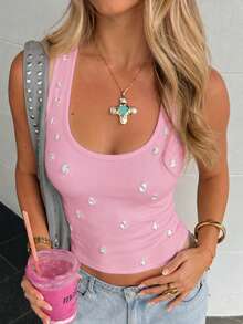 Top corto con escote en V y adornos de rhinestone para mujer, color rosa, de estilo casual para el verano - Rosa - Ver 4