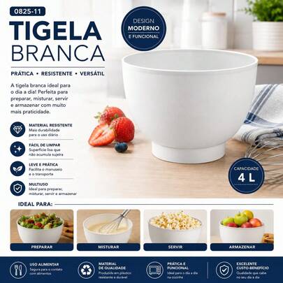 Tigela Branca Original 4L para Batedeira Planetária Mondial 082511 – Alta Resistência, Encaixe Perfeito