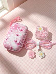 6pcs Sakura Floral Digital Storage Set | EVA Hard Shell Anti-Pressure Earphone & Data Cable Storage Bag, Cute Charger Case + Full Data Cable Protective Set, Suitable For Commuting & Travel - Multicolor - View 12