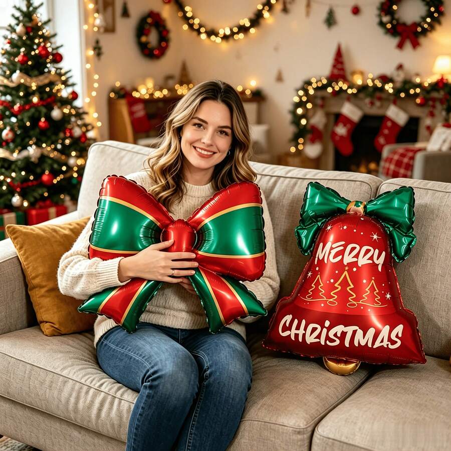Christmas Bell & Bow Aluminum Foil Balloon Set - Includes 2 Bell Balloons And 2 Bow Balloons - Christmas Tree Hanging Decorations For Holiday Parties - Suitable For Christmas And New Year Decorations - Multicolor - View 1