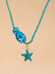 1pc Bestselling Summer Ocean Style Starfish Faux Pearl & Fish Pendant Colorful Dopamine Rope Necklace - Multicolor - View 2