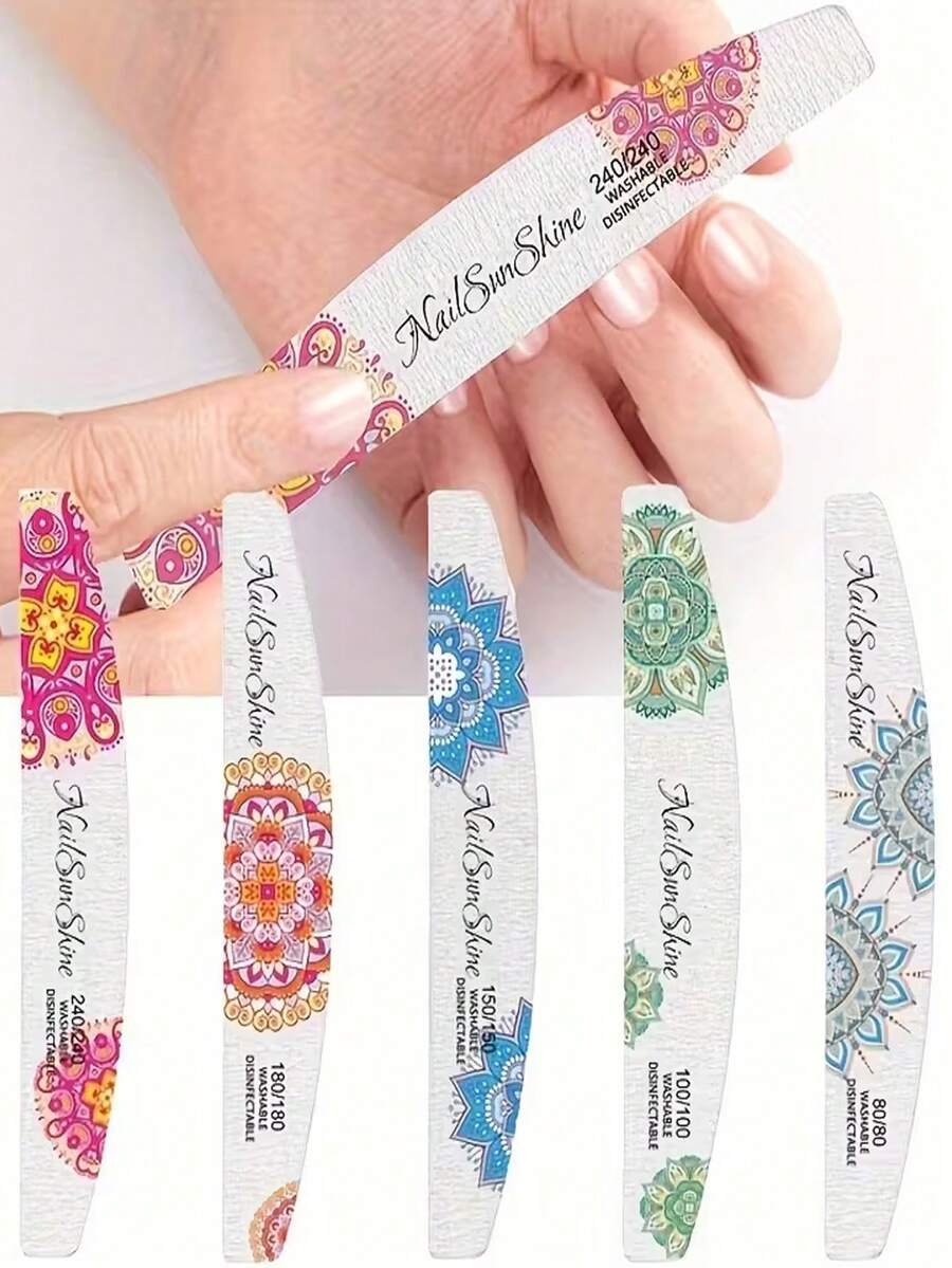 10PCS Nail File Strips, Thin Nail Buffing Bars, Water-Washable Wear-Resistant Nail Files, Nail Shaping And Buffing Tools, Printed Crescent-Shaped Wooden Nail Files, Multiple Styles Available - Multicolor - View 1