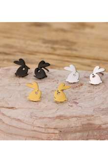1 paire de boucles d'oreilles clous mini lapin en acier inoxydable doré, bijoux d'oreilles animal mignon de dessin animé hypoallergénique pour tenue quotidienne des femmes - GED904 - Voir 4