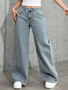 Straight-Leg Light-Colored Jeans For Teenagers, Fashion - Teal Blue - View 3