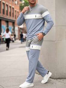 Men's Autumn/Winter Casual Comfortable Colorblock Striped Print Crew Neck Long Sleeve T-Shirt & Pants Set - Multicolor - View 4