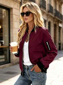 Jaket Ringan Wanita Kasual Berkerah Baseball dengan Resleting, Warna Merah Elegan untuk Musim Semi/Gugur - Merah - View 2