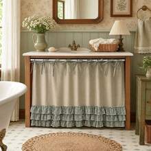 1Pc,Oven Skirt Curtain With Crochet Lace Tie Top Short Curtains,American Style Countryside Retro Solid Color Linen Fabric Patchwork Green Checkered Cake Skirt Bottom Trim Farmhouse Kick Plate Decor For Kitchen Stove Front, Dishwasher, Window Valance - Green - View 3