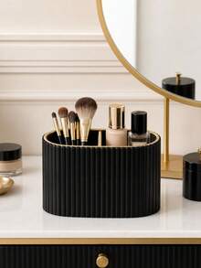 Makeup Brush Holder/PU Leather Cosmetic Display Box/Retro Striped Makeup Brush Rack - Suitable For Vanity Decoration, Bathroom Countertop, Desk Storage Cosmetic Display Box (Cream) , Makeup Room Decor,Makeup Bag,Travel Essential - Multicolor - View 11
