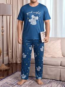 Plus Size Men's Blue Koala Print Pajama Set, Summer Short Sleeve T-Shirt + Star Print Long Pants, Loose Casual Loungewear - Blue - View 2