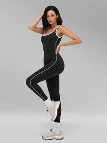 MFVIM Women's Sports Colorblock Tank Top Hollow Back Design Jumpsuit Showcasing Beautiful Shoulder Blades - Black - View 9