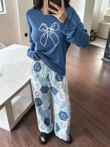 初秋新款藍色女款兩件式長袖睡衣套裝，蝴蝶結與貝殼印花長袖長褲套裝，休閒居家服，柔軟舒適，適合戶外穿著 - 藍色 - 查看 4