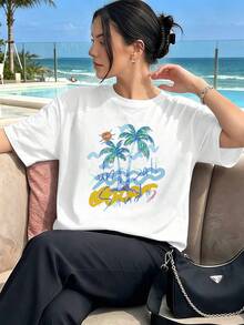 Summer Palm Tree Print T-Shirt, Quality Fabric, Loose Fit, Breathable, Hip-Hop Street Style, Graphic Design. - White - View 1