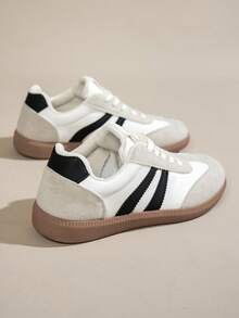 1 Pair Women's Multi-Functional Spring/Autumn New Fashion Casual Shoes, Flat Lace-Up Round Toe Rubber Sole Skateboard Shoes, Black, White, Brown, Leopard Print, Khaki, Color Block, Daily Wear, Shoes, Casual Shoes, 36-42 Size, Fashion , Training Shoes, All Season Wear - Black - View 12