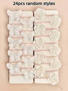 24pcs Random Cream Pearl Lustre 3D Butterfly & Rose Hair Ties, Soft Thin Bands For Kids Bangs, Ponytail, Flyaways, Versatile Hair Accessories, Back To School - Multicolor - View 8