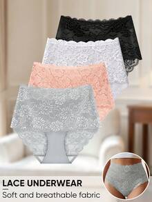 MIOTAN 4件組女款中高腰內褲，蕾絲拼接，提花圖案，柔軟透氣 - 彩色 - 查看 7