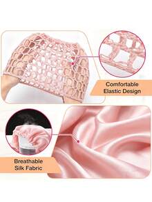 2-In-1 Woven Hair Net & Bonnet Set, Includes Detangling Brush, Satin Lined Curly Hair Sleep Cap, Anti-Frizz Overnight Hair Care Set - Pink - View 5