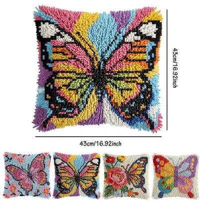 Kit de crochet à loquet pour adultes & débutants. Beaux motifs de papillons & floraux. Comprend une base en maille, du fil & un crochet. Pièce finie pour la décoration du canapé, de la chambre, du salon, du jardin ou du bureau. Idéal pour les cadeaux de Thanksgiving, Noël & anniversaire. 43x43cm/17in.