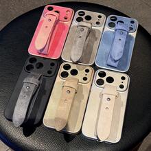1件極簡純色純素皮革手機殼，附腕帶，適用於 Apple 16 Pro Max、IP17、14、12、13 - 藍色 - 查看 3