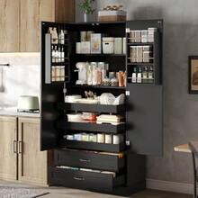 Kitchen Cabinet With 3 Pull-Out Shelves, Drawers, And Double-Door Tall Cabinet With Door Shelves For Kitchen, Dining Room & Living Room - 黑色 - 查看 12