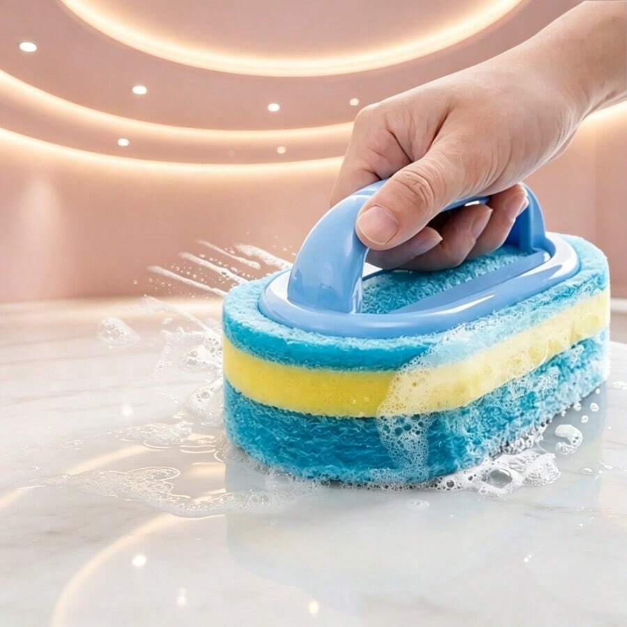 فرشاة تنظيف المطبخ المنزلية اليومية مع مقبض مريح وقوي، وسادة كشط إسفنجية عالية الكثافة وسميكة ومرنة، أداة إزالة الدهون لغسل أواني الطهي وبلاط الجدران وأسطح حوض الحمام - كما هو موضح في الصورة - مشاهدة 1