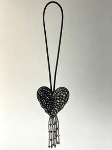 1pc Punk Style Heart Tassel Charm, Handmade Rhinestone Beaded Bag Pendant, Suitable For Punk Style, Party Style Bag Decoration - Black - View 6