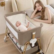 4-In-1 Baby Bassinet For Boys Girls Infant, Bedside Sleeper Crib With Wheels, Storage Basket And Mattress,7 Height Adjustable For Newborn,Khaki-Brown - Khaki-brown - View 2