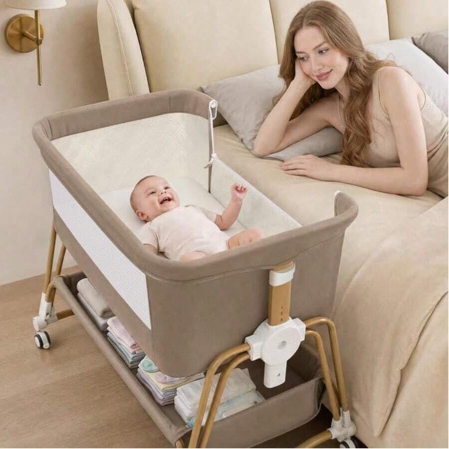 4-In-1 Baby Bassinet For Boys Girls Infant, Bedside Sleeper Crib With Wheels, Storage Basket And Mattress,7 Height Adjustable For Newborn,Khaki-Brown