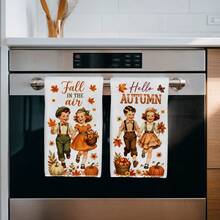 2pcs Kitchen Towels Autumn Harvest Maple Leaf Pumpkin Boy Girl Pattern, Minimalist Style Rectangular Microfiber, Dish Cloth, Scrubbing Cloth, Hand Towel, Cooking Baking Tea Towel, Autumn Thanksgiving Kitchen Decor, Housewarming Gift, Birthday Gift, Bathroom Cleaning Cloth, Decorative Towel - White - View 6