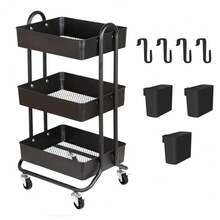 Multipurpose Kitchen Storage Cart With Wheels, Black (Includes 3 Hanging Baskets And 4 Hooks) - Black - View 7