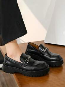 Men's Crocodile Texture Metal Buckle Thick Sole Loafers British Slip-On Formal Shoes Commute Wedding Casual Shoes - Black - View 7