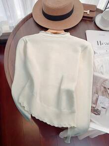 BYGOUBY Jaket Sweater Lembut Lengan Panjang Bertepi Bergelombang dengan Hiasan Renda untuk Wanita Musim Gugur/Dingin - Aprikot - View 8