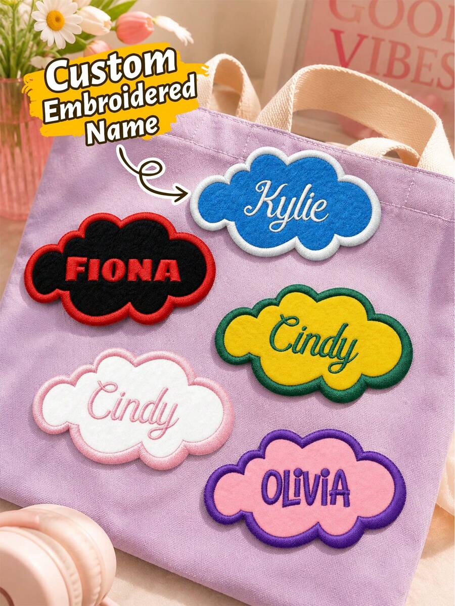 Custom Cloud Name Patch, Cute Personalized Badge For Bags, Jackets And Hats, Customized Text Label, Customizable Fashion Accessory Gift For Friends, Birthday, Halloween, Thanksgiving And Christmas, Embroidery Hook And Loop - Style C - View 1