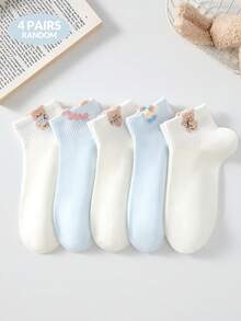 4 Pairs Women's Cute Sweet Breathable Cartoon Bear Pattern Short Invisible Boat Socks, Ankle Socks And Short Socks, White Socks, Blue Socks, Preppy Style, Back To School Season, Suitable For Daily Casual Wear, Random Style, Suitable For Spring, Summer, Autumn And Winter - Multicolor - View 9