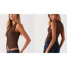 Summer New Knitted Simple Slim Sleeveless Solid Color Undershirt Undershirt Women - 咖啡色 - 查看 3