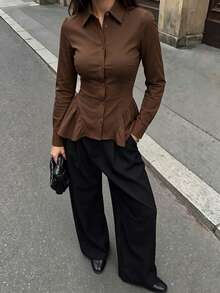 Blus Four Seasons Girls Seksi Warna Cokelat Kopi Slim Fit Lengan Panjang dengan Hiasan Rumbai di Bagian Bawah - Coffee Brown - View 5