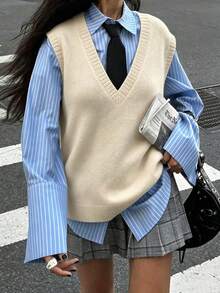 Women's V-Neck Knitted Vest, Sleeveless Ribbed Hem Soft Fabric Autumn Casual Loose Basic Sweater Vest Top - Beige - View 1