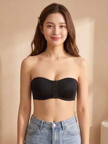 1pc Strapless Bandeau Bra, Minimalist Solid Color Women's Backless Wireless Lingerie - Black - View 3