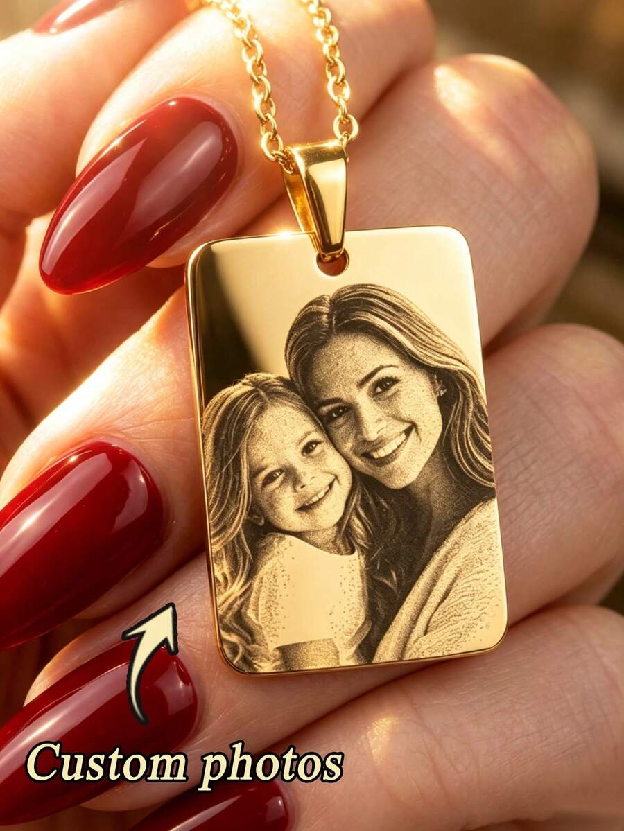 1pc Custom Engraved Photo Necklace Personalized Rectangular Stainless Steel Pendant Jewelry With Picture Or Text, Anniversary Gift, Memorial - Multicolor - View 1