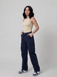 Pantalon Cargo Para Dama Acampanado  Casual    Las mezclas de algodón    Cargo  Cintura Ajustada  Botón delantero    Pantalones Cargo  Diario    Atemporal - azul real - Ver 1