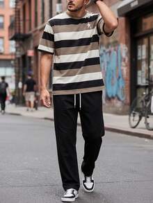 Men's Autumn/Winter Casual Versatile Color-Block Wide Stripe Short Sleeve & Long Pants Set - Multicolor - View 3