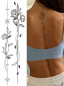 STARTTOOS 1pc Long Spine Back Tattoo Sticker, Black Minimalist Star Moon Floral Pattern, DIY Temporary Tattoo For Arm And Thigh, Carnival Beach Party Holiday Gift - Black - View 1