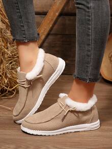 Women Corduroy Fleece Lined Ankle Boots, Warm Slip On Winter Casual Snow Booties With Plush Collar - Khaki - View 6