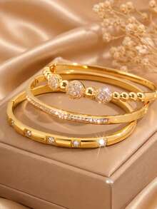 Camhanno 3pcs/1pc Stainless Steel & Copper Plated 18K Gold Lucky Bead Bracelet, Full Rhinestone Round Ball Gold Bead Linked Design, Symbolizing Good Luck, One-Piece Molded Craftsmanship, Durable And Sturdy, Versatile For Daily Commute, Flattering To Hands - Gold 12 - View 2