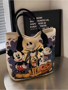 Disney Halloween-Themed Portable Vintage Cartoon Skeleton Jack And Sally Collage Print Handbag, Suitable For Girls And Women - Black - View 7