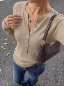 GIGOGOU Autumn Winter Basic Women Henley Neck Button Front Knit Sweater Long Sleeve Casual Solid Basic Pullover Top For Daily Wear - Khaki - View 3