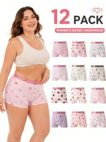 12pcs Plus Size High Waist Panties, Solid Color & Printed Pattern, Comfortable Fashion Design, Anti-Slip Fit, Breathable Fabric - Multicolor - View 1