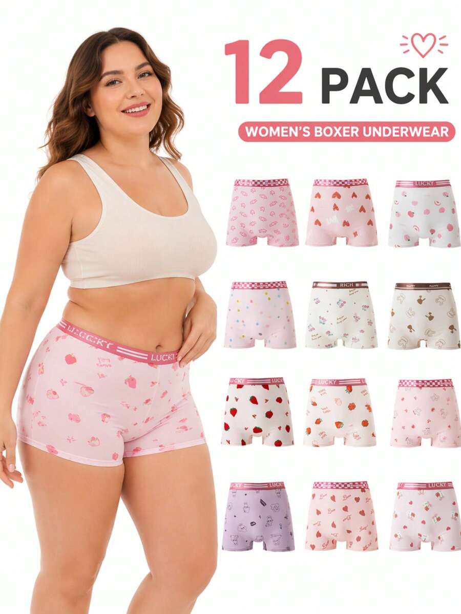 12pcs Plus Size High Waist Panties, Solid Color & Printed Pattern, Comfortable Fashion Design, Anti-Slip Fit, Breathable Fabric - Multicolor - View 1