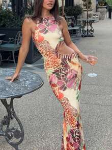 DOUCIU Chic Sleeveless Bodycon Long Dress With Side Cut-Outs, Floral Print, Sexy Elegant Dress - Multicolor - View 4